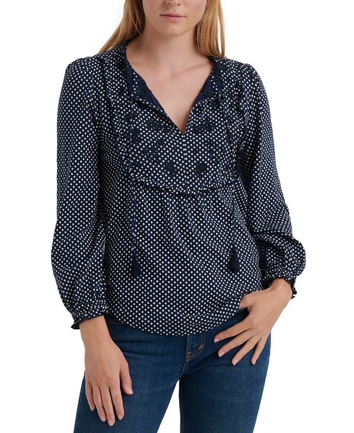 Blusa feminina Lucky Brand com bolinhas, manga comprida, gola V, azul, tamanho grande