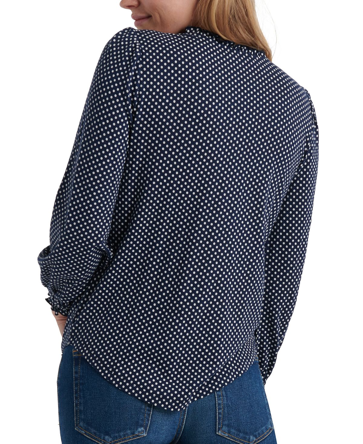 Blusa feminina Lucky Brand com bolinhas, manga comprida, gola V, azul, tamanho grande