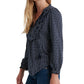 Blusa feminina Lucky Brand com bolinhas, manga comprida, gola V, azul, tamanho grande