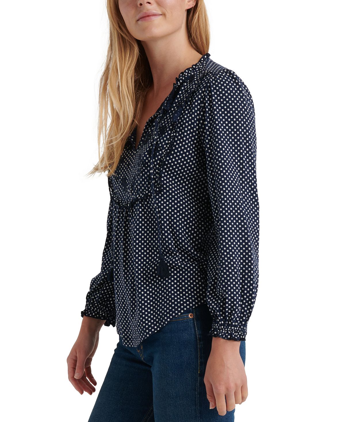Blusa feminina Lucky Brand com bolinhas, manga comprida, gola V, azul, tamanho grande