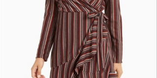 Vestido curto com cinto listrado e manga comprida Crystal Dolls, marrom, tamanho médio