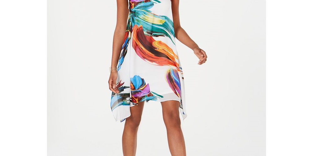 Vestido trapézio estampado de chiffon Robbie Bee para mulheres - Branco, tamanho 10 P