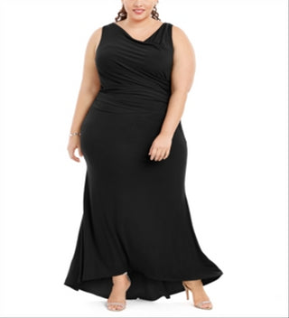 Vestido longo feminino Calvin Klein com decote drapeado e manga comprida, preto, tamanho 14W