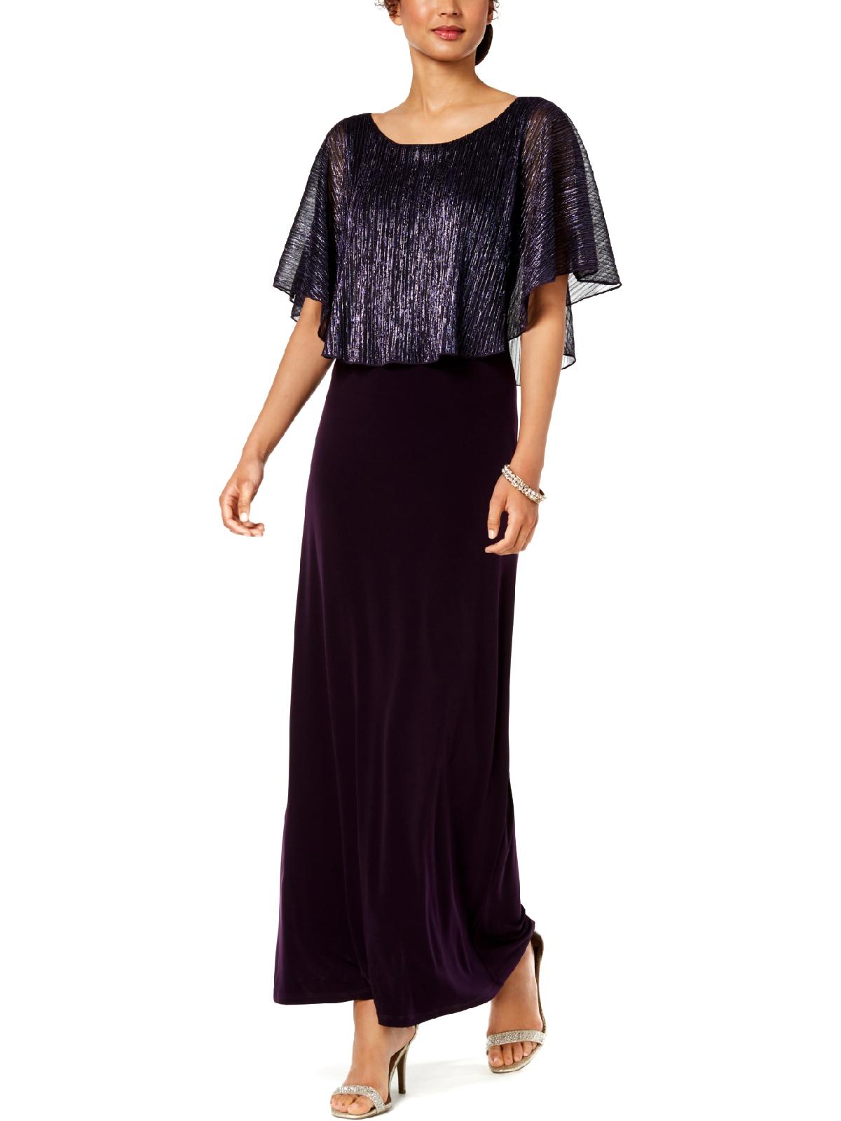 Vestido longo feminino com mangas de capa metálicas da Connected Apparel, roxo, tamanho 10