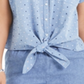 CHARTER CLUB Blusa feminina azul com amarração frontal e bolinhas, manga curta, dividida, com botões, tamanho XS