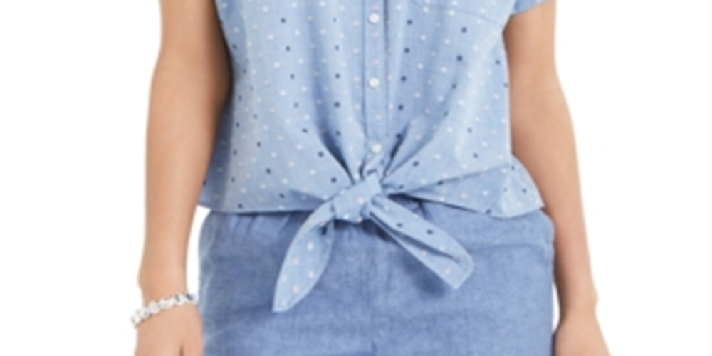 CHARTER CLUB Blusa feminina azul com amarração frontal e bolinhas, manga curta, dividida, com botões, tamanho XS