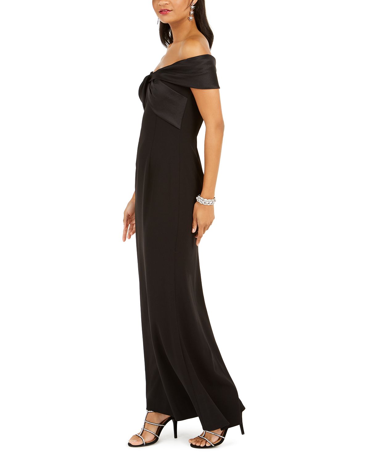 Vestido de cetim feminino Eliza J com laço e ombro de fora, preto, tamanho 14