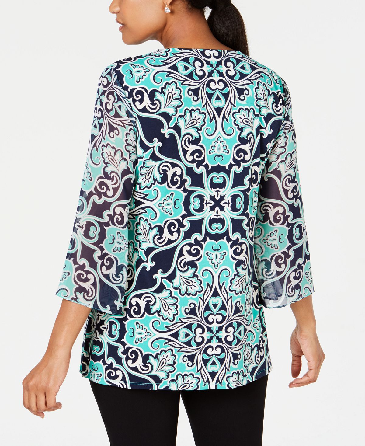 JM Collection Top estampado feminino azul tamanho pequeno P