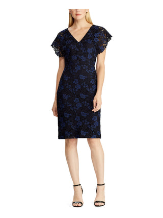 Vestido feminino Ralph Lauren com renda bordada, manga pétala, decote em V, comprimento até o joelho, azul, tamanho 4