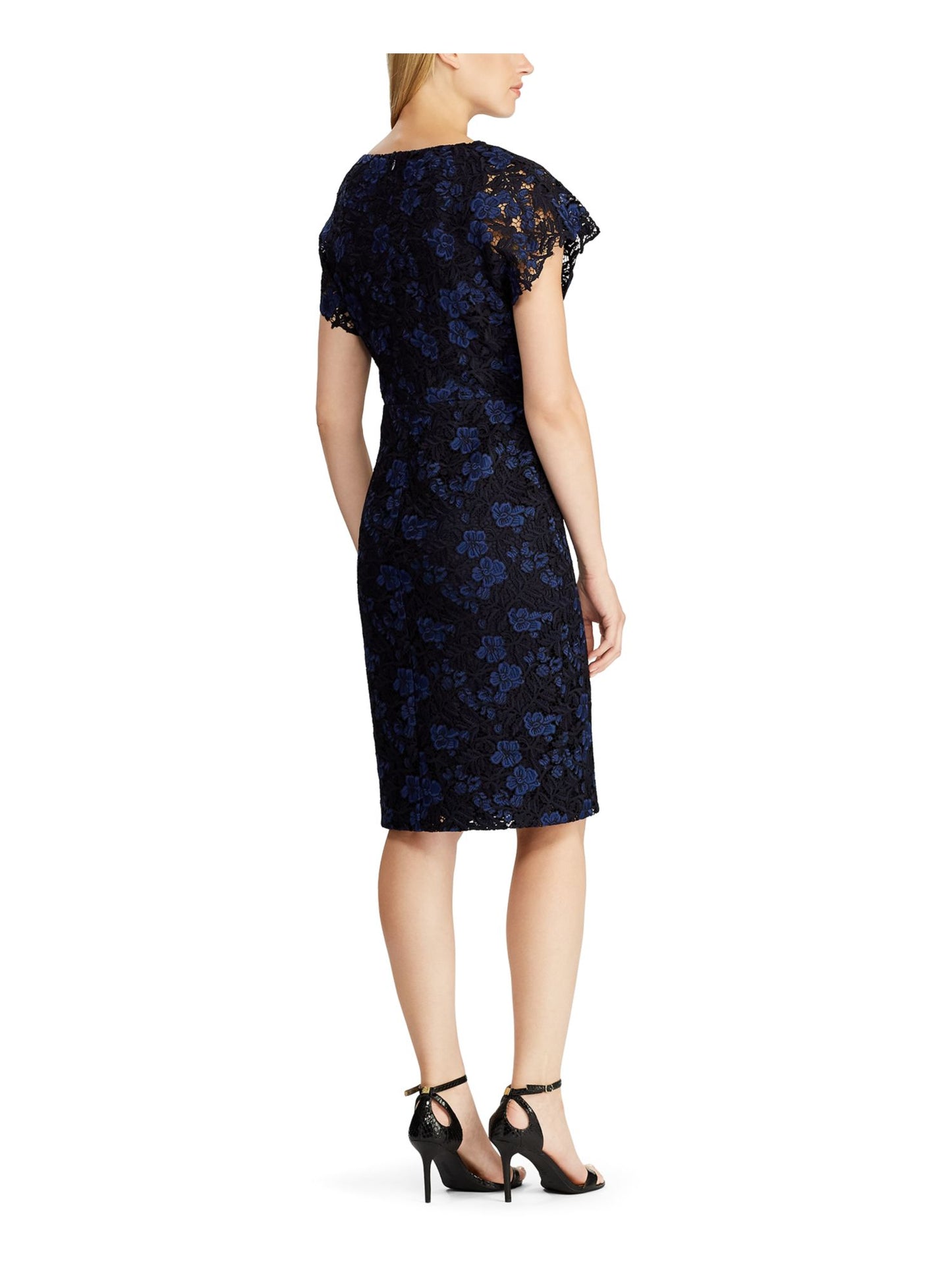 Vestido feminino Ralph Lauren com renda bordada, manga pétala, decote em V, comprimento até o joelho, azul, tamanho 4