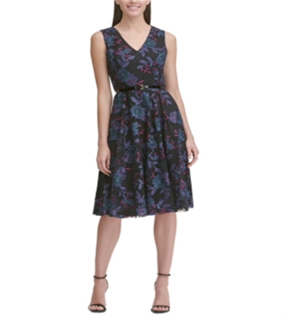 Vestido Tommy Hilfiger Feminino com Cinto Bordado, Ajuste e Flare, Preto, Tamanho 6
