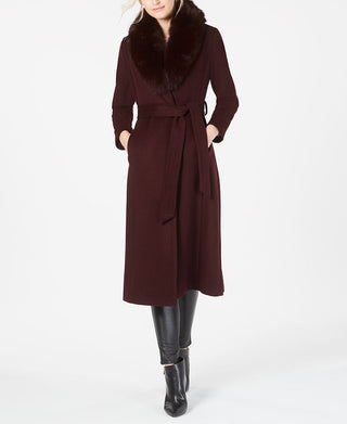 Forecaster Women's Fox Fur Collar Belted Maxi Wrap Coat Black Size 14