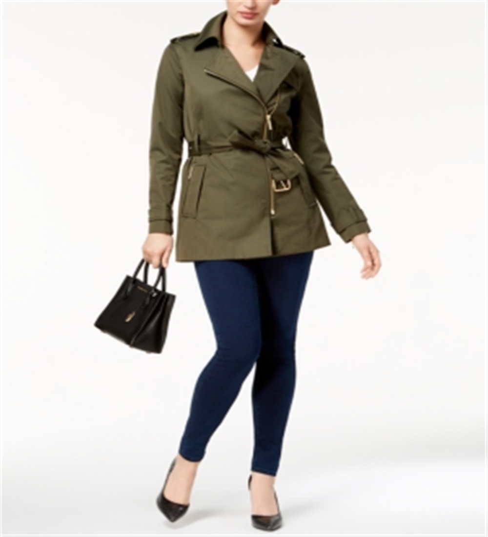 Michael Kors Jaqueta de chuva feminina com cinto, zíper e bolsos, verde, tamanho pequeno