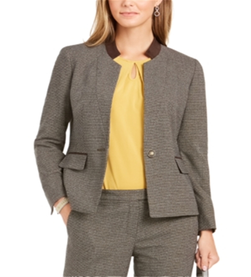 Blazer feminino Kasper com estampa pied-de-poule marrom, tamanho 10, pequeno