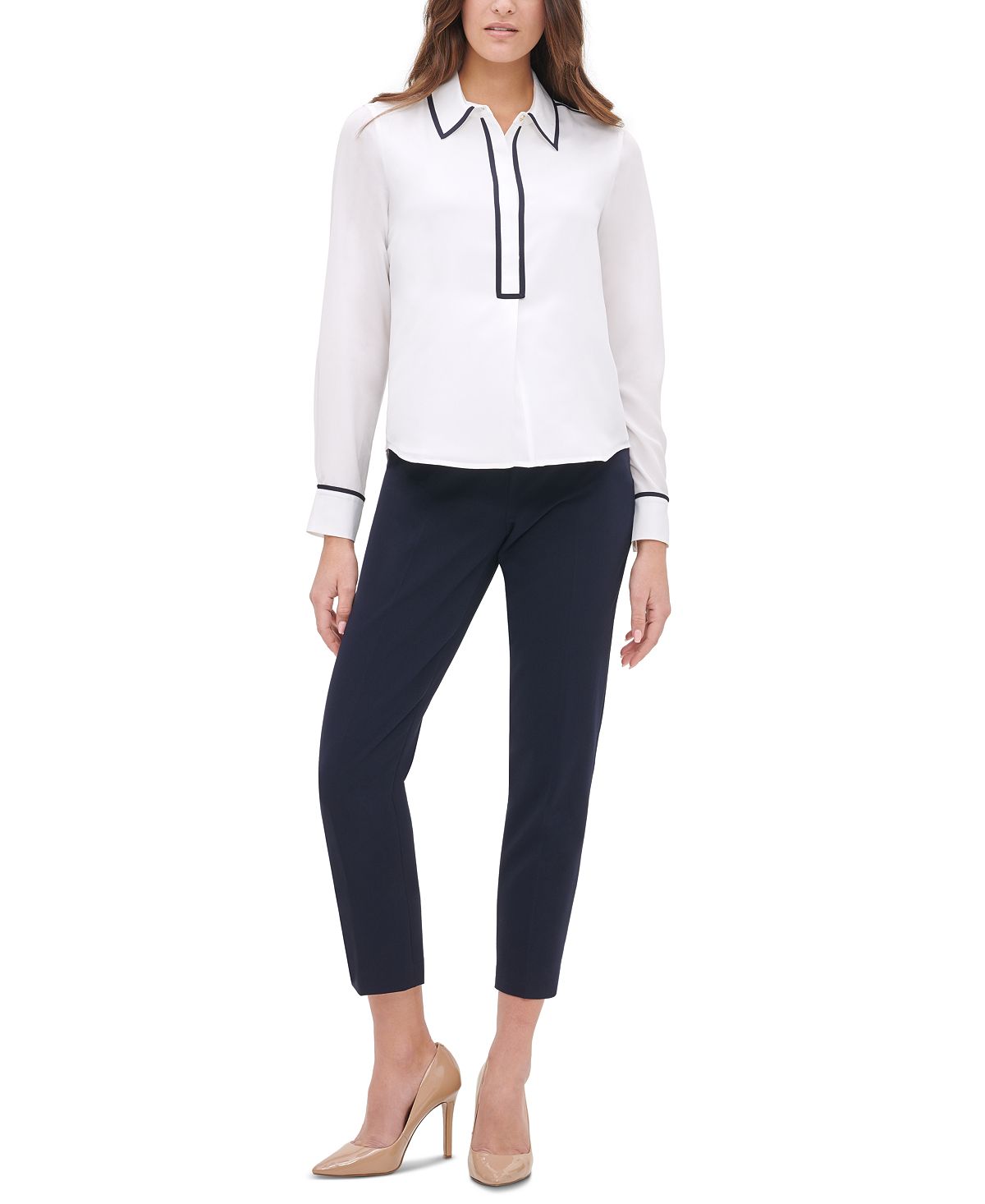 Tommy Hilfiger Blusa Feminina com Botões e Gola Redonda, Branca, Tamanho P