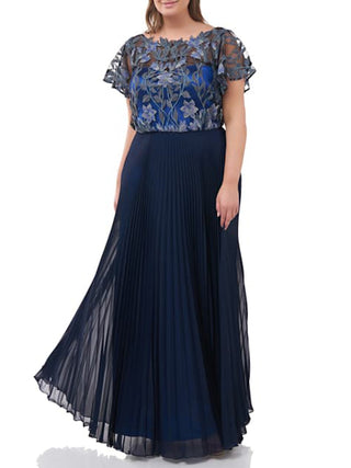 Vestido formal feminino JM Collection de manga curta com pregas e acordeão, azul, tamanho 12