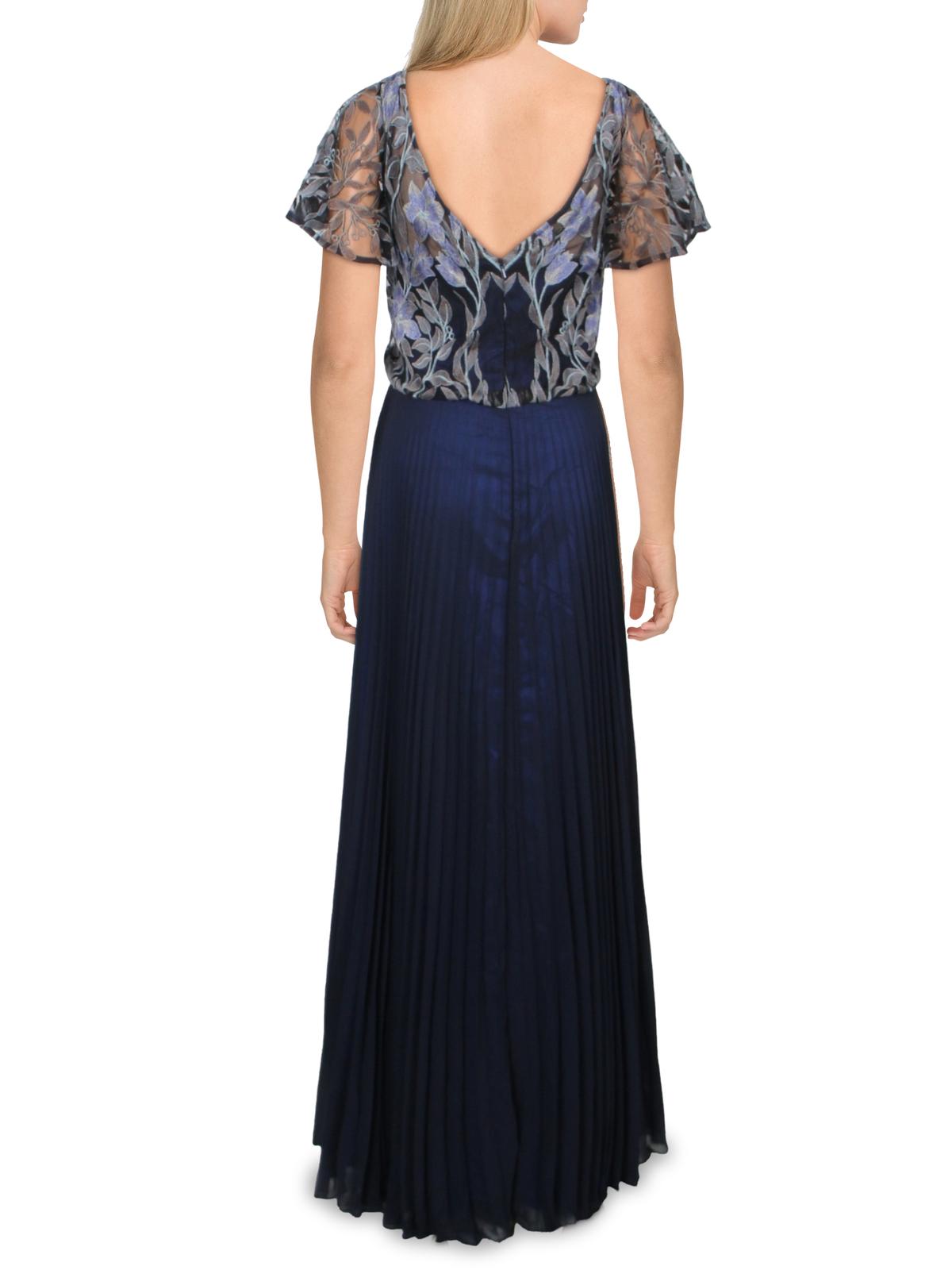 Vestido formal feminino JM Collection de manga curta com pregas e acordeão, azul, tamanho 12