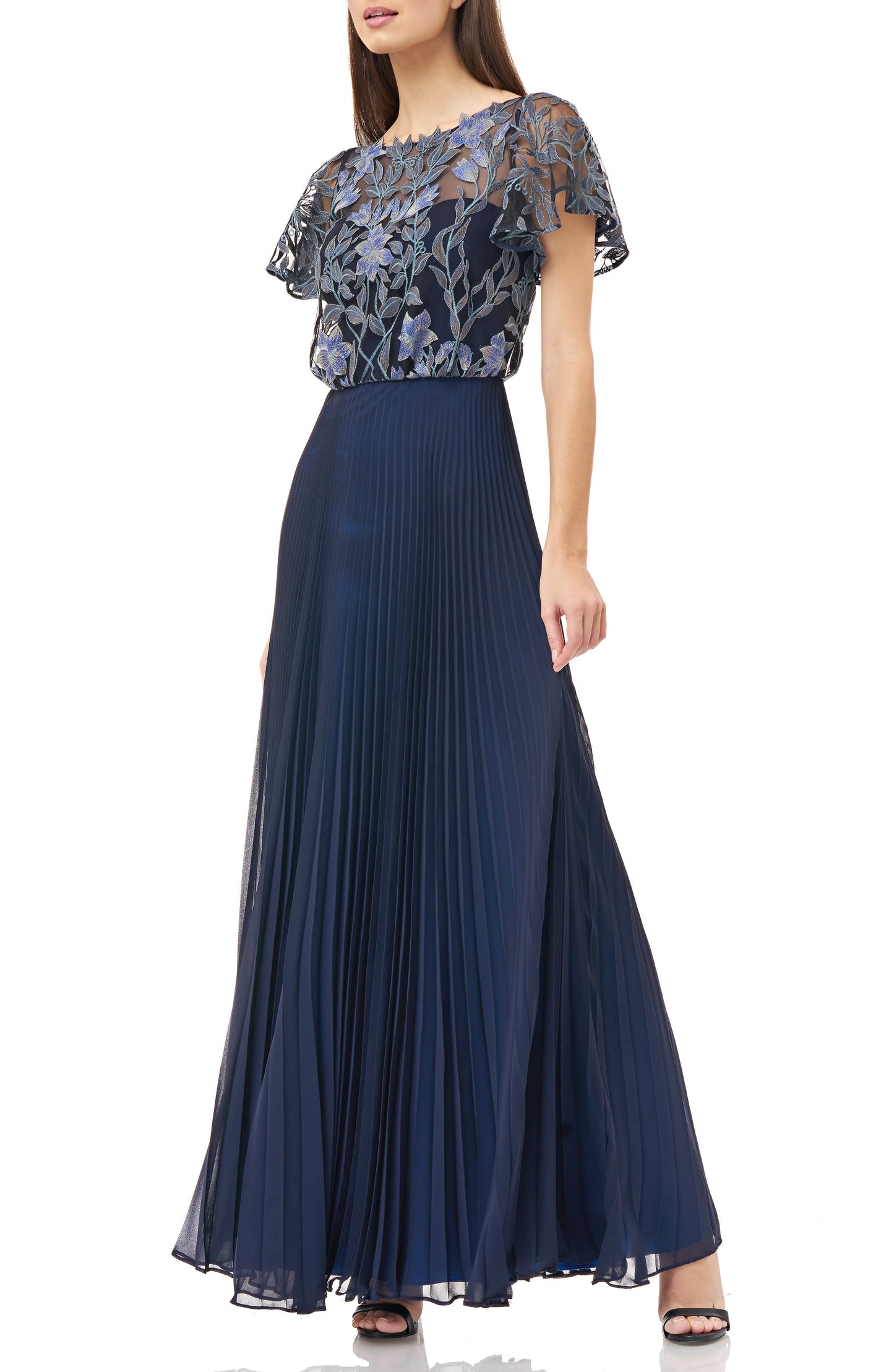 Vestido formal feminino JM Collection de manga curta com pregas e acordeão, azul, tamanho 12