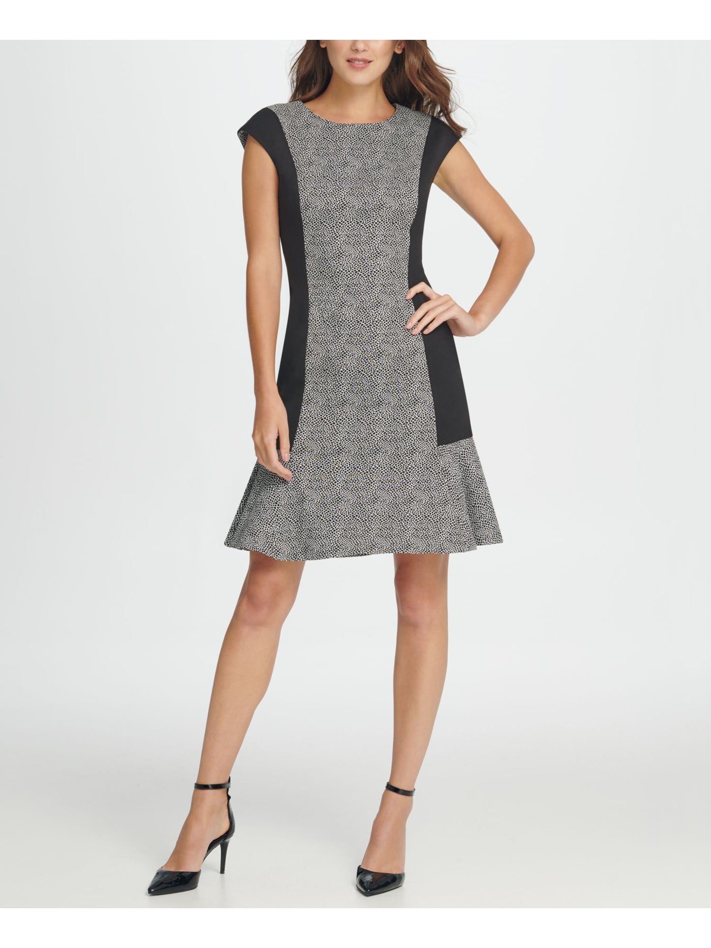 Vestido feminino DKNY com babados e estampa de bloco de cores Millenium, preto, tamanho 10