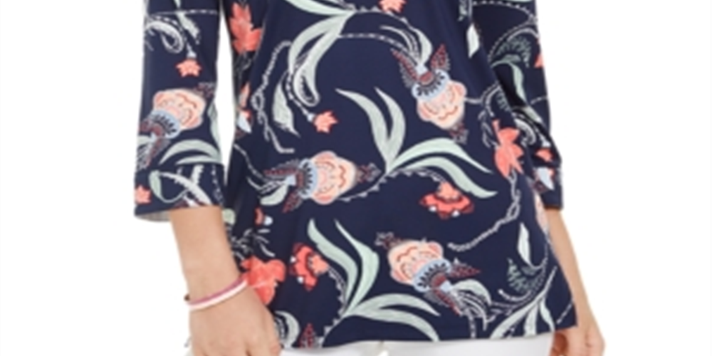 Túnica feminina de malha com manga 3/4 e estampa paisley, azul, tamanho X-S