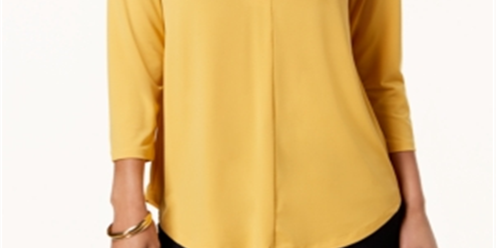Top feminino Charter Club com decote plissado e manga 3/4, amarelo, tamanho pequeno P