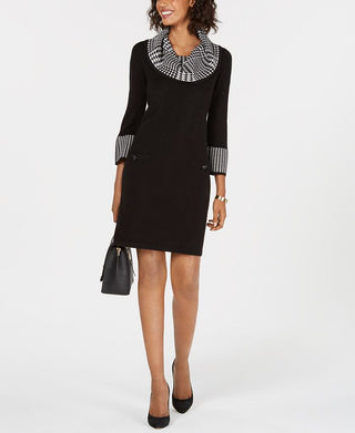 Vestido feminino Jessica Howard de manga comprida com decote redondo e bainha acima do joelho, estilo pied-de-poule, preto, tamanho pequeno