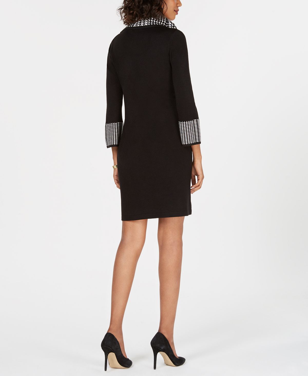 Vestido feminino Jessica Howard de manga comprida com decote redondo e bainha acima do joelho, estilo pied-de-poule, preto, tamanho pequeno