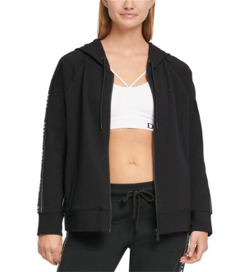 Moletom com capuz feminino DKNY com zíper e logotipo French Terry, preto, tamanho pequeno
