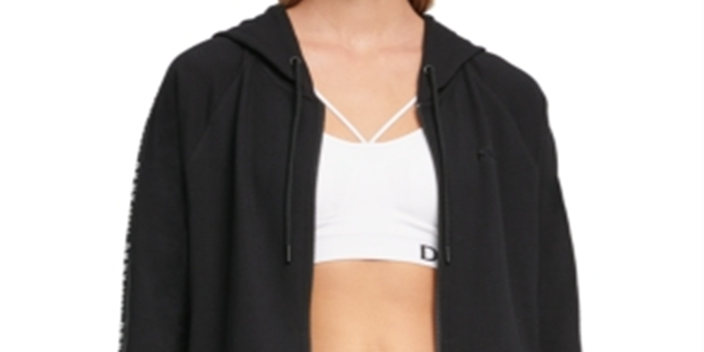 Moletom com capuz feminino DKNY com zíper e logotipo French Terry, preto, tamanho pequeno