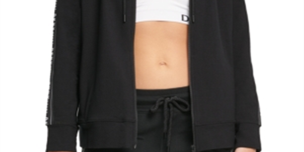 Moletom com capuz feminino DKNY com zíper e logotipo French Terry, preto, tamanho pequeno