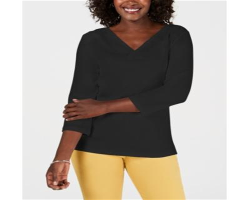 Karen Scott Blusa feminina de algodão com decote em V e ilhós, preta, tamanho pequeno GG
