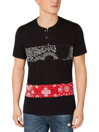 Camisa Henley de manga curta com estampa American Rag masculina, preta, tamanho pequeno