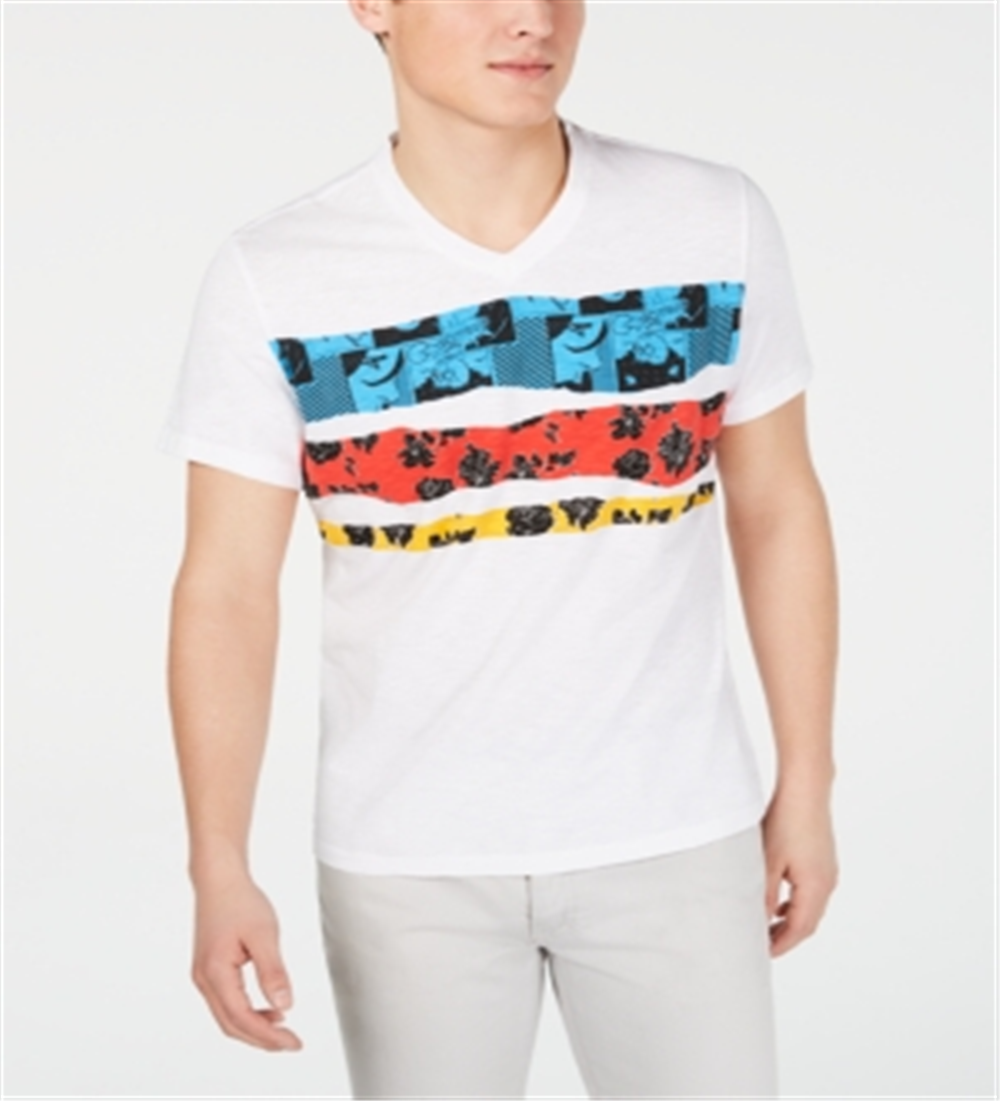 INC International Concepts Camiseta masculina com estampa gráfica, gola V, listras florais, branca, tamanho extragrande