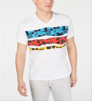 INC International Concepts Camiseta masculina com estampa gráfica, gola V, listras florais, branca, tamanho extragrande