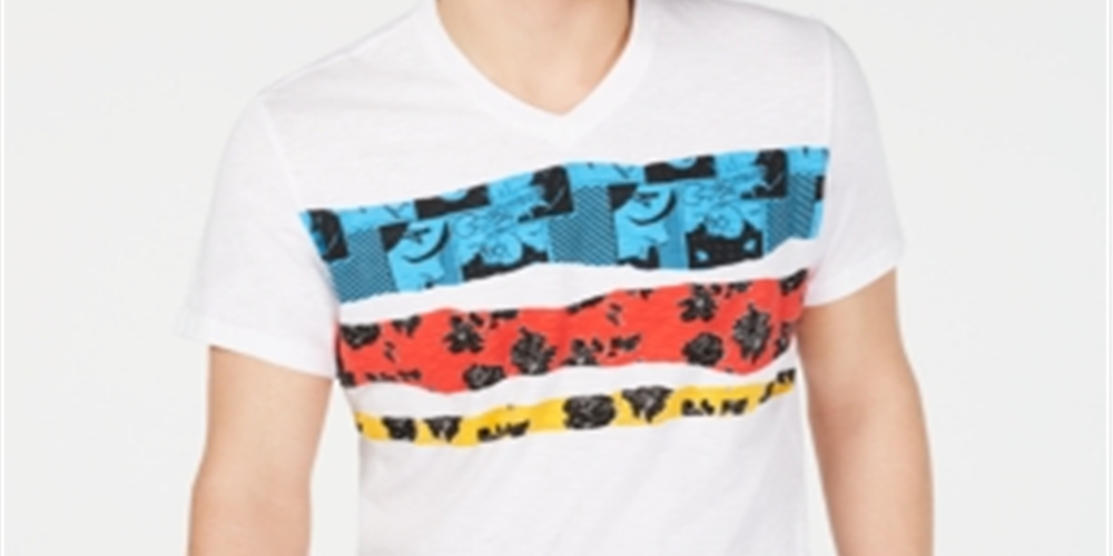 INC International Concepts Camiseta masculina com estampa gráfica, gola V, listras florais, branca, tamanho extragrande
