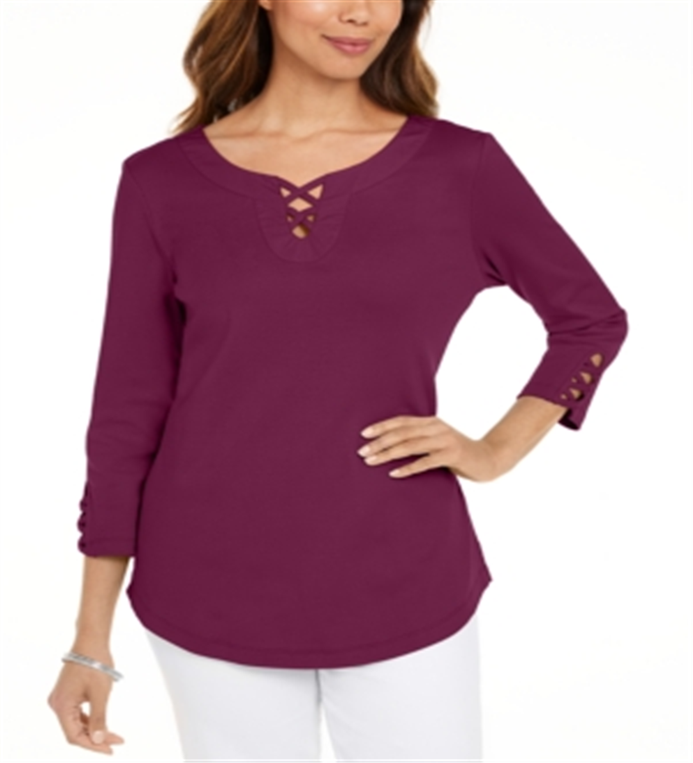 Camiseta feminina Karen Scott de algodão com cadarço, vermelha, tamanho grande