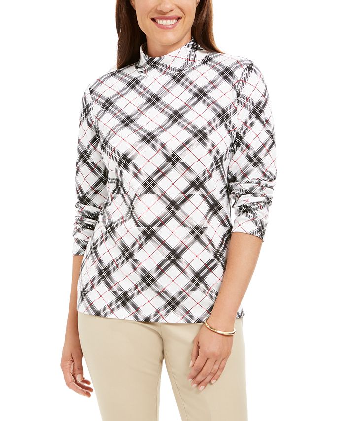 Karen Scott Blusa feminina xadrez com estampa de gola alta, preta, tamanho pequeno M