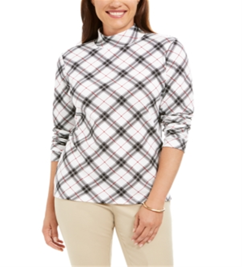 Karen Scott Blusa feminina xadrez com estampa de gola alta, preta, tamanho pequeno M