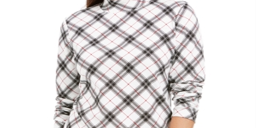 Karen Scott Blusa feminina xadrez com estampa de gola alta, preta, tamanho pequeno M