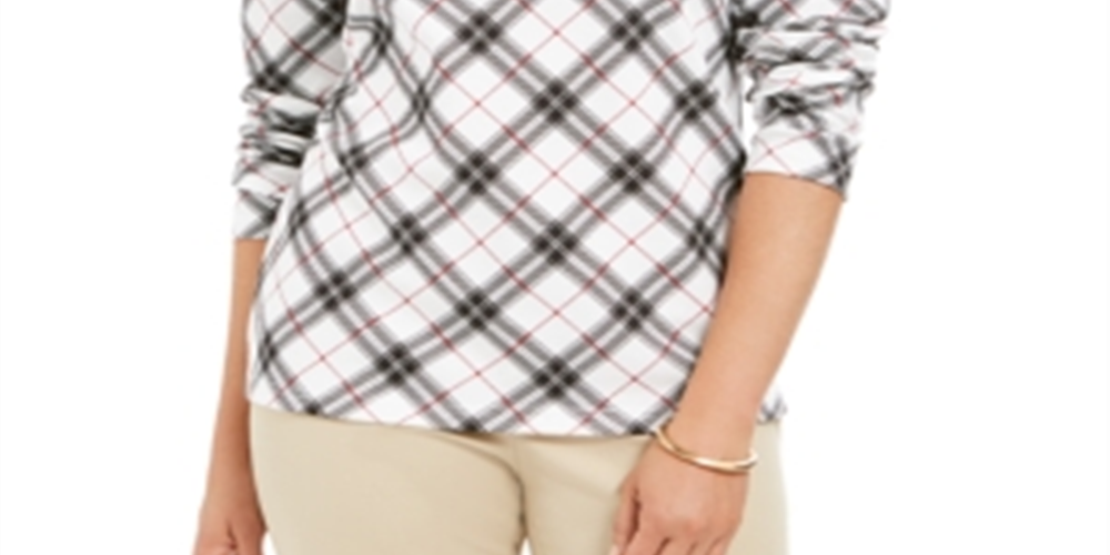 Karen Scott Blusa feminina xadrez com estampa de gola alta, preta, tamanho pequeno M