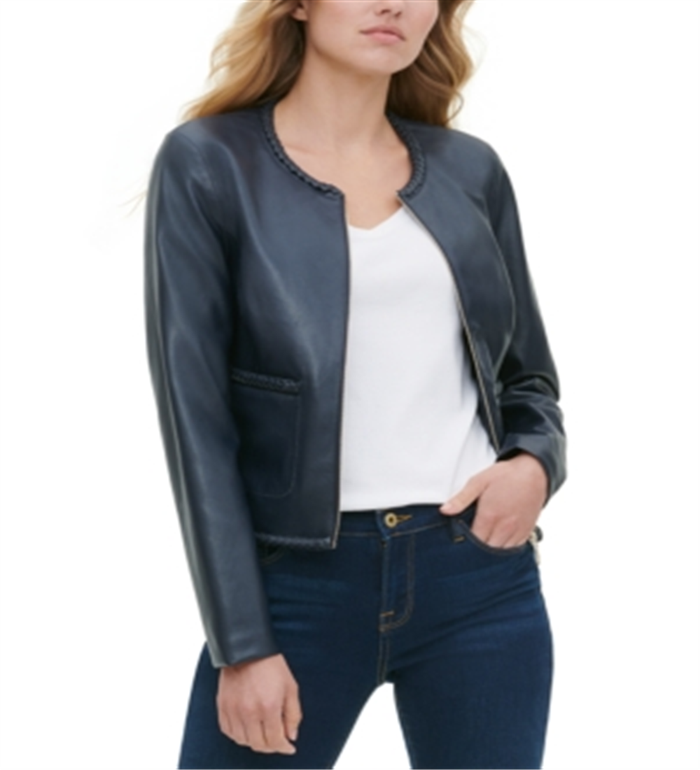 Jaqueta Tommy Hilfiger Feminina Couro Sintético com Gola Trançada Azul Tamanho 0