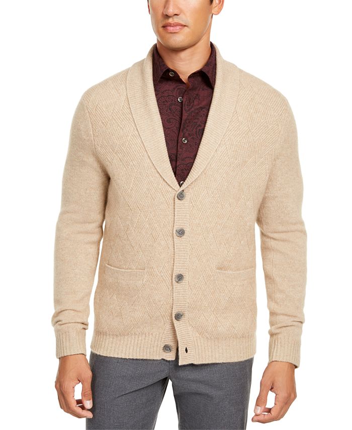 Cardigan de malha trançada de caxemira masculino Tasso Elba, marrom, tamanho médio