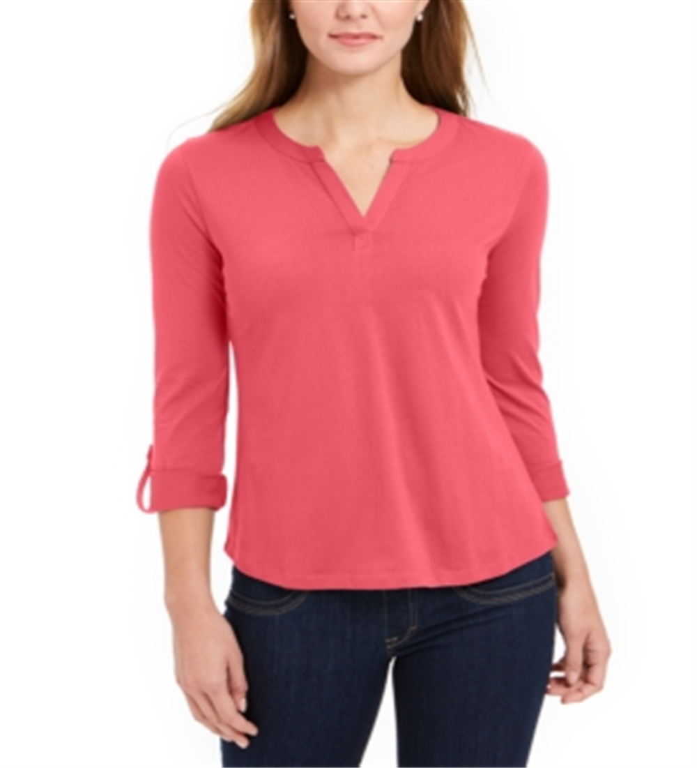 Charter Club Supima Cotton Top Feminino com Gola Dividida, Vermelho, Tamanho Grande