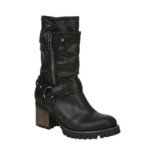 Botas femininas Carlos By Carlo Santana com detalhe de arnês, sola de tachinhas, Georgina, bico redondo, salto bloco, pretas, tamanho 6 M
