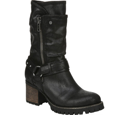 Botas femininas Carlos By Carlo Santana com detalhe de arnês, sola de tachinhas, Georgina, bico redondo, salto bloco, pretas, tamanho 6 M