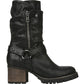 Botas femininas Carlos By Carlo Santana com detalhe de arnês, sola de tachinhas, Georgina, bico redondo, salto bloco, pretas, tamanho 6 M