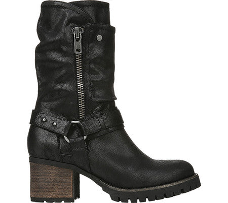 Botas femininas Carlos By Carlo Santana com detalhe de arnês, sola de tachinhas, Georgina, bico redondo, salto bloco, pretas, tamanho 6 M