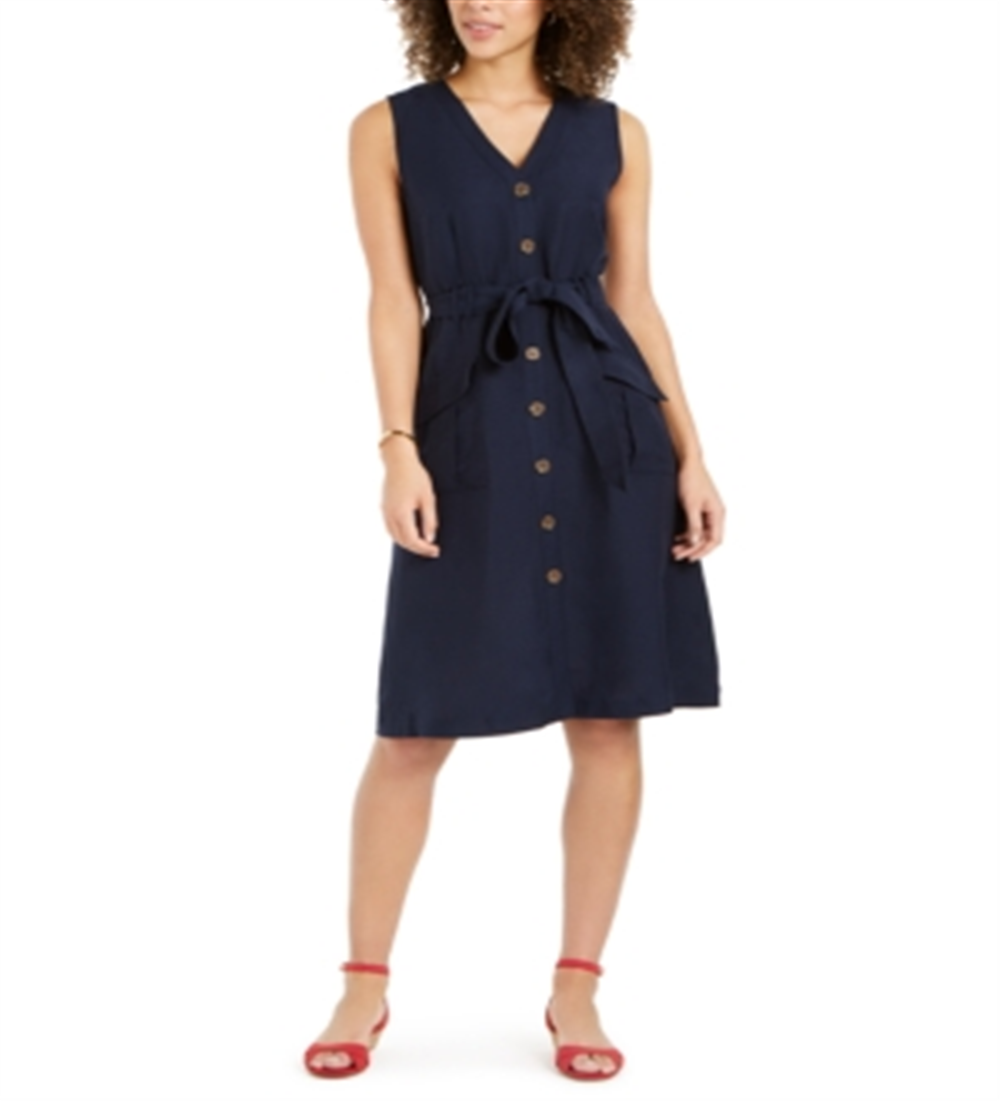 Vestido feminino Charter Club com botões frontais em mistura de linho, azul, tamanho 12