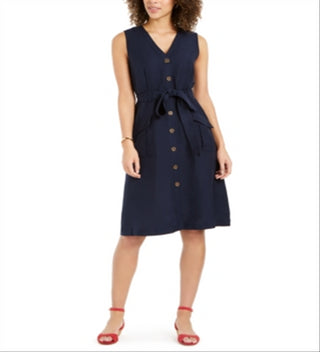 Vestido feminino Charter Club com botões frontais em mistura de linho, azul, tamanho 12