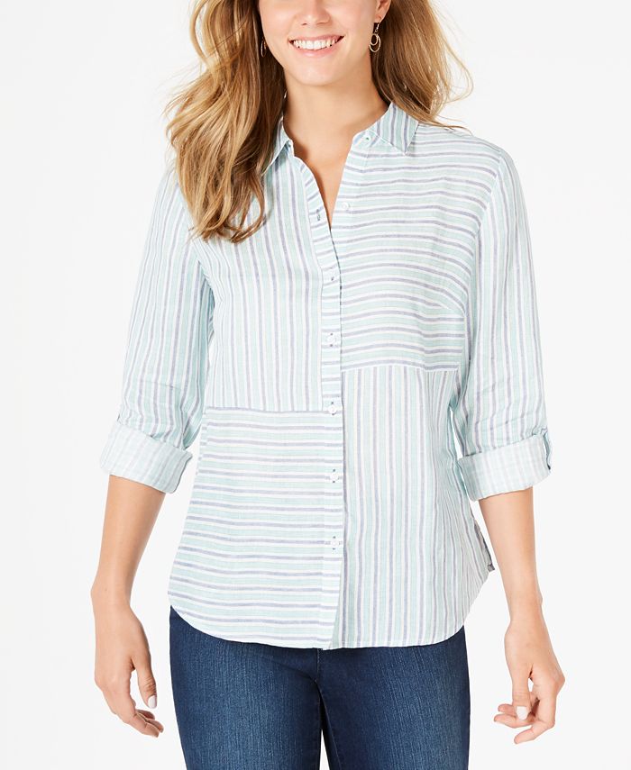 Camisa feminina listrada de linho Charter Club com punho, branca, tamanho XX-G
